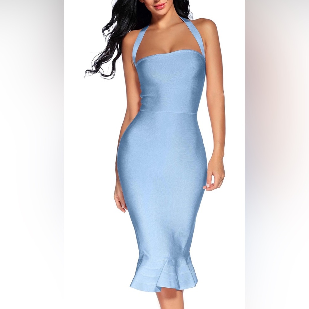 Houstil Women's V Neck Halter Fishtail Bandage Bodycon Dress Party - Ice Blue
